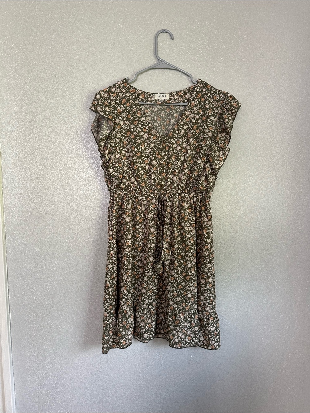 Umgee Boho Green Floral Ruffle Sleeve Lightweight Knee Length Dress